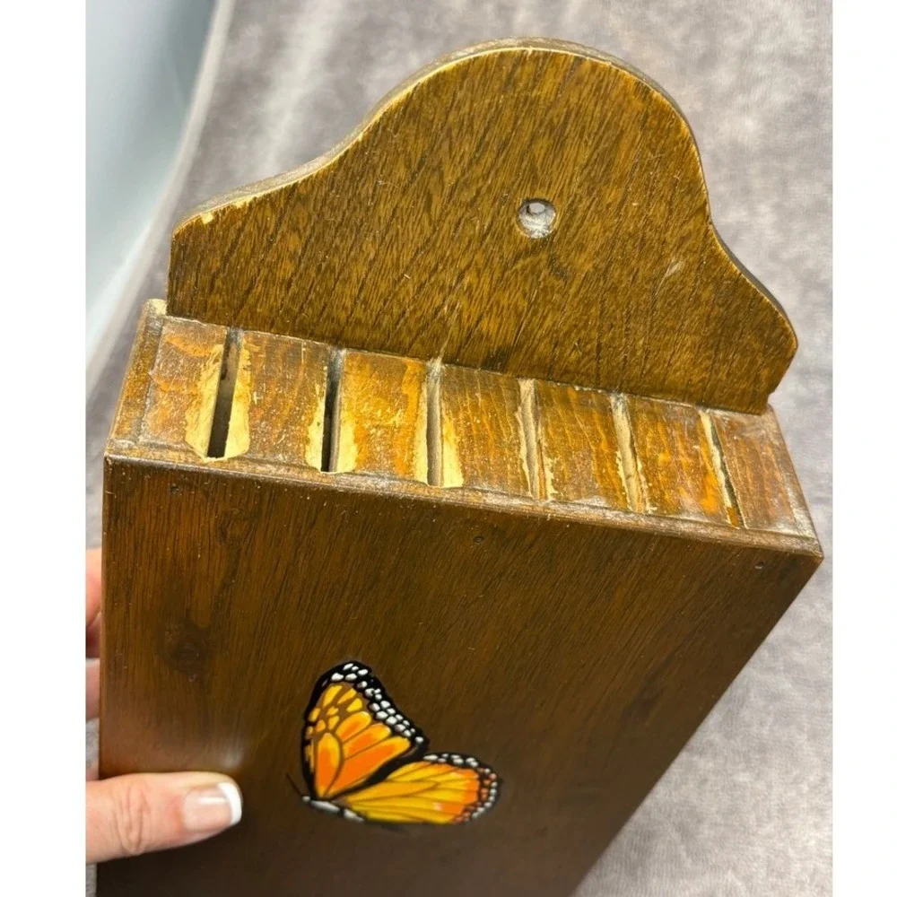 Vintage Wooden Wall Mount Steak Knife Holder Monarch Butterfly Rustic Kitchen